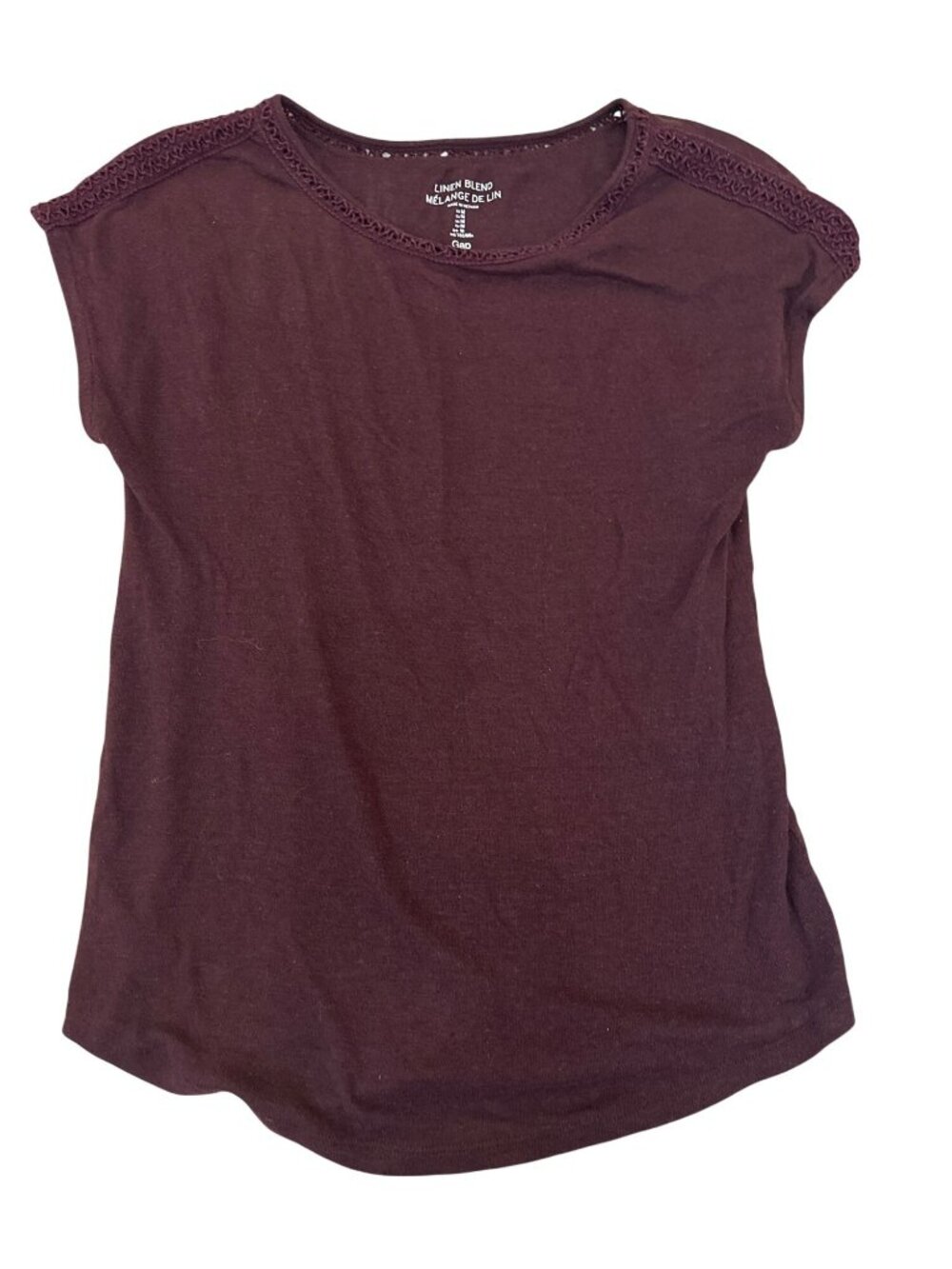 Gap Womens Linen Blend Crochet Trim Top T-Shirt M Short Sleeve Burgundy Boho
